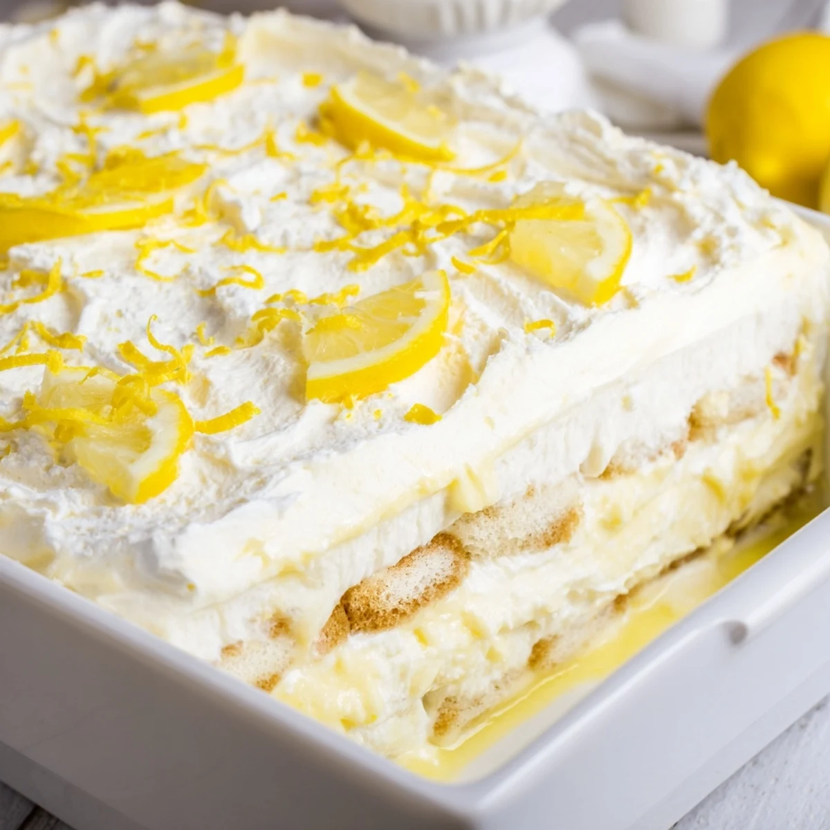 A close-up view of the Easy Lemon Tiramisu No Bake Dessert features bright zest and dipped ladyfingers in a glass pan.