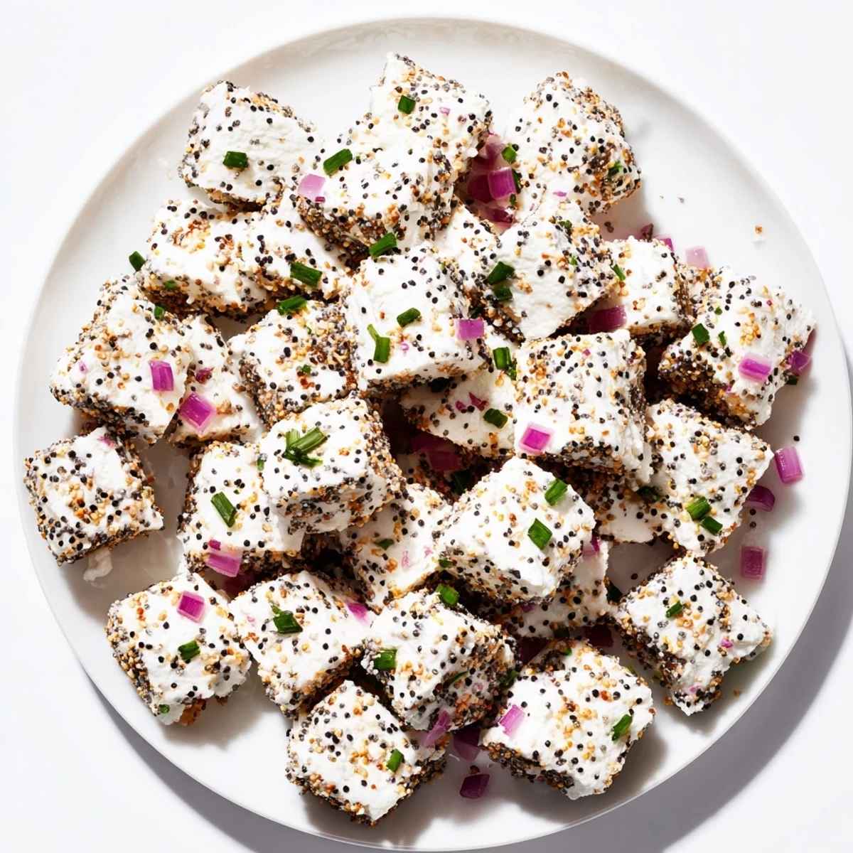 Golden-brown Everything Bagel Cottage Cheese Bites arranged on a white plate with fresh cucumber slices and green chives.