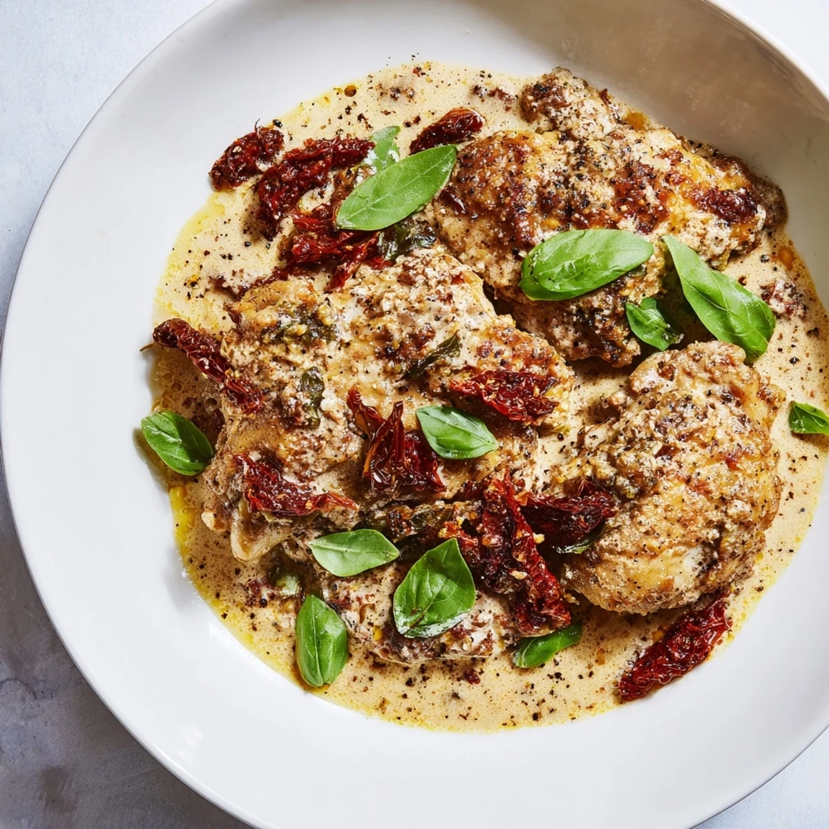 Golden-brown Marry Me Slow Cooker Chicken Breast nestled in a rich, creamy sun-dried tomato sauce, garnished with fresh basil. 