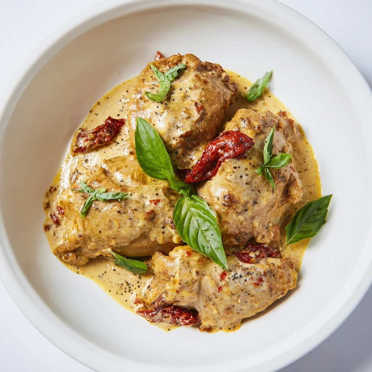 A close-up of tender Marry Me Slow Cooker Chicken Breast topped with melted Parmesan and herbs in a slow cooker. 