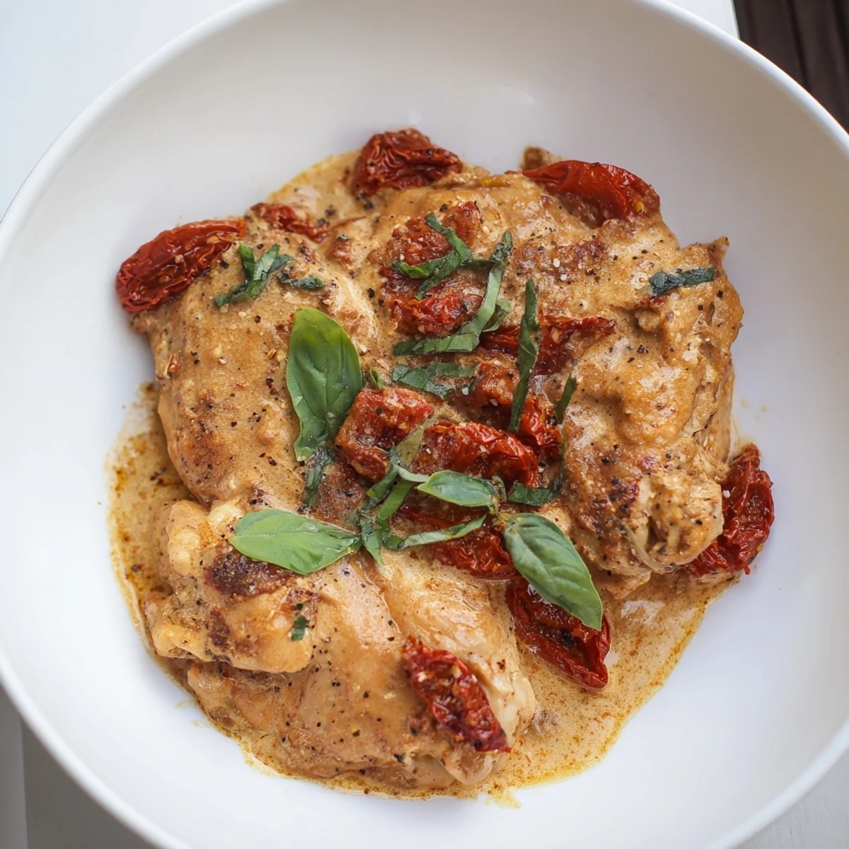 Serving suggestion for Marry Me Slow Cooker Chicken Breast plated with steamed green beans and a sprinkle of fresh basil.