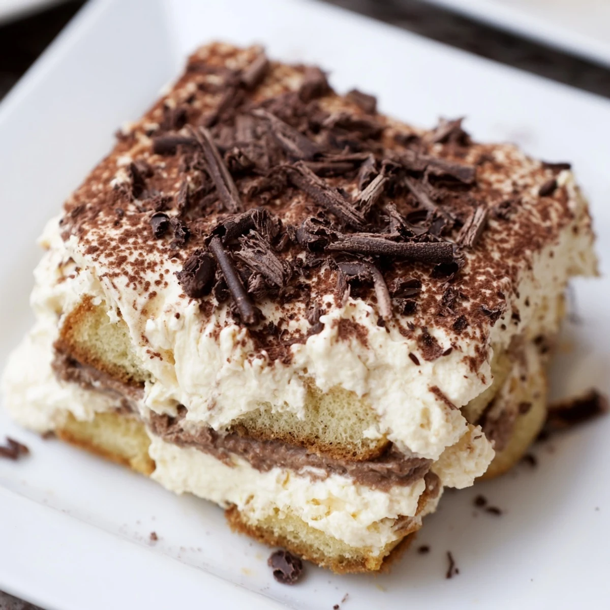 Close-up of Easy Tiramisu dessert layered with coffee-soaked ladyfingers and creamy mascarpone, dusted with cocoa powder in a square glass dish.