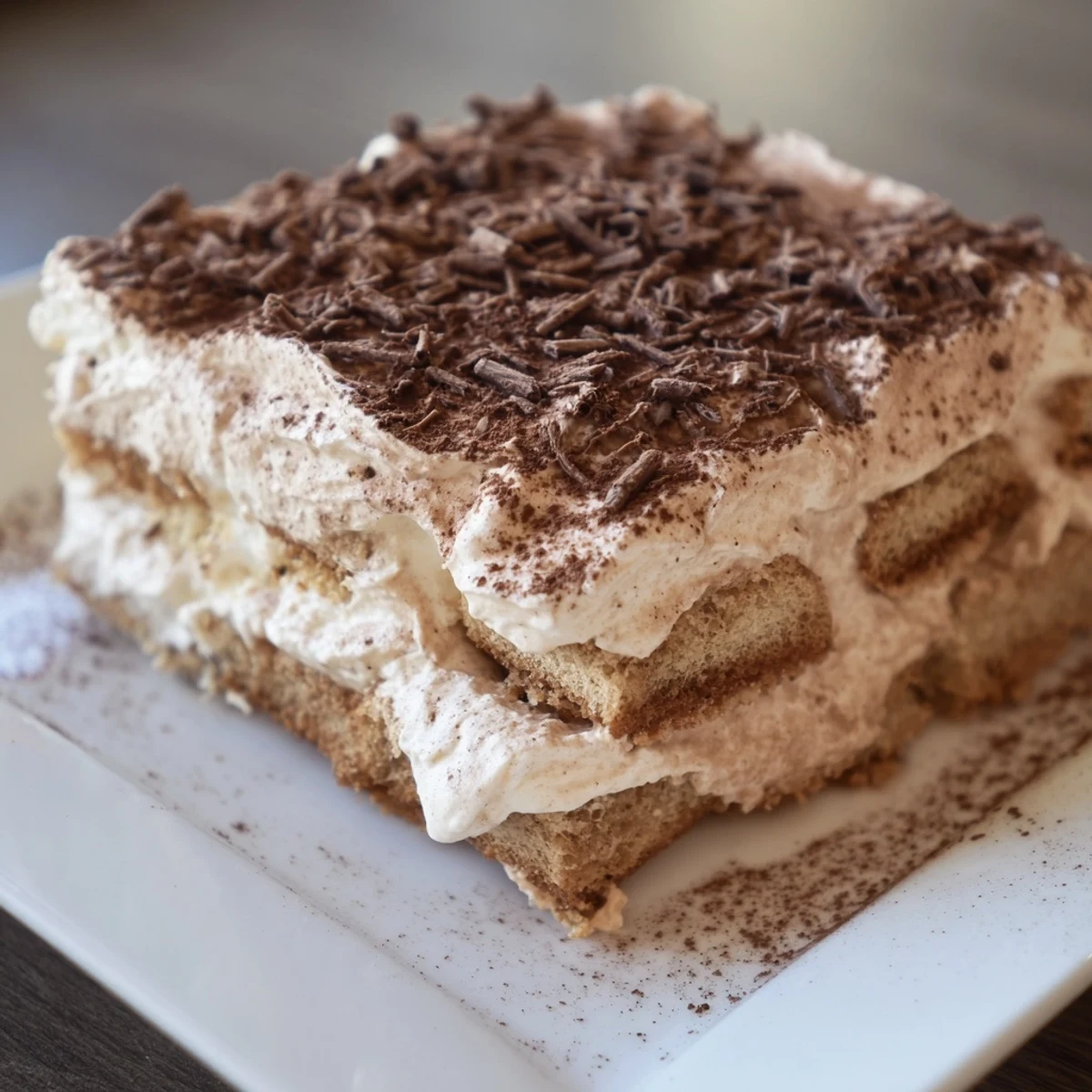 Overhead view of homemade Easy Tiramisu in a white dish, topped with dark chocolate shavings and rich cocoa powder.