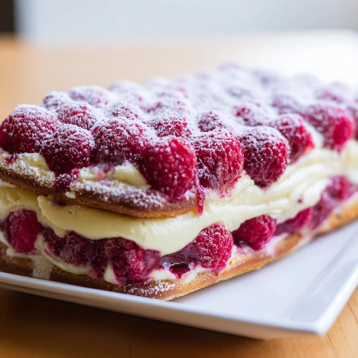 A close-up view of Fresh Raspberry Tiramisu showing layers of creamy mascarpone and ruby-red berries.