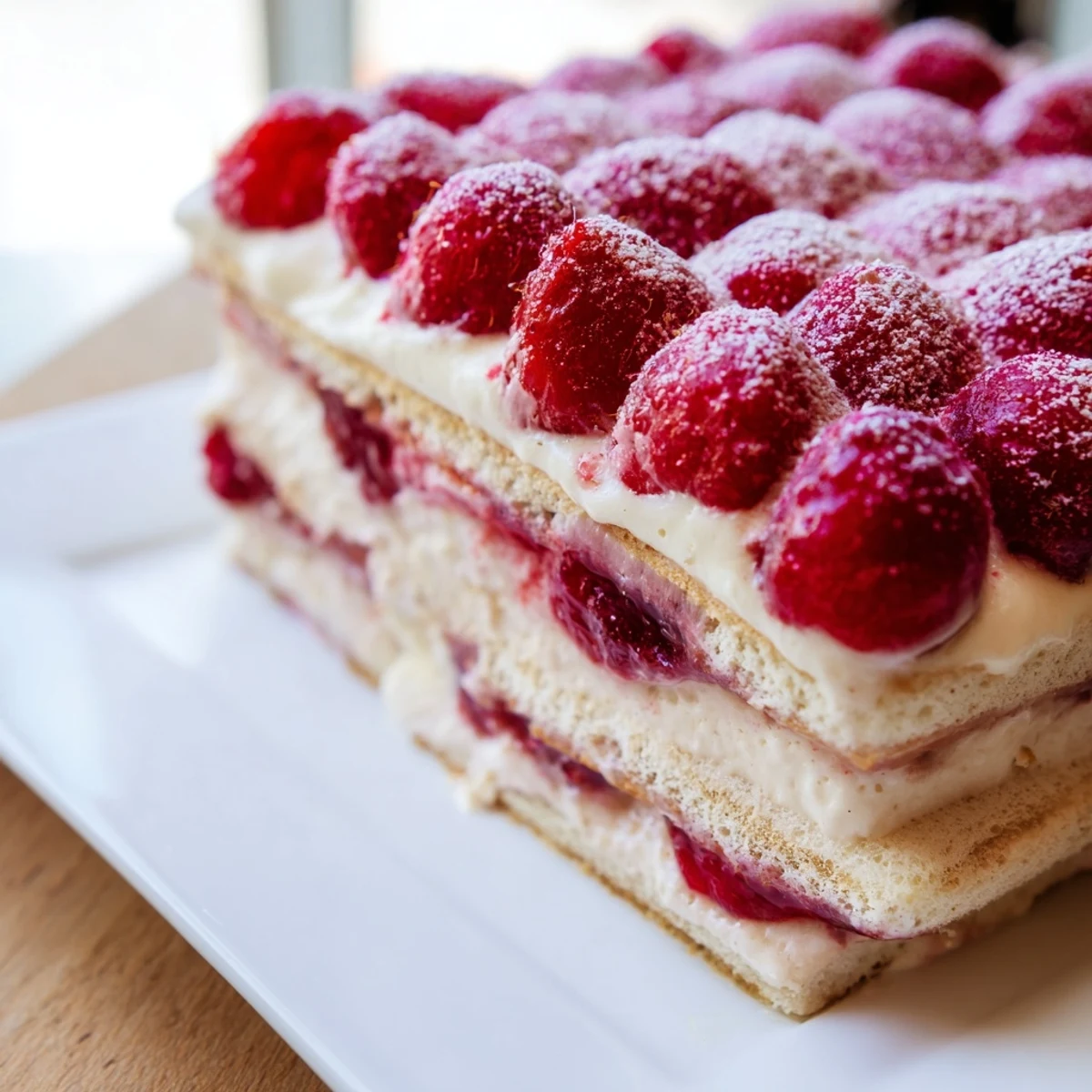 Fresh Raspberry Tiramisu dessert garnished with mint leaves and a light dusting of powdered sugar.