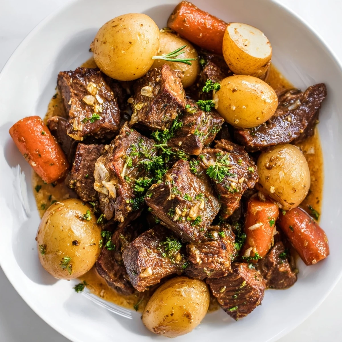Tender chunks of beef and baby potatoes in Slow Cooker Garlic Butter Beef with Potatoes glisten in garlic butter sauce.