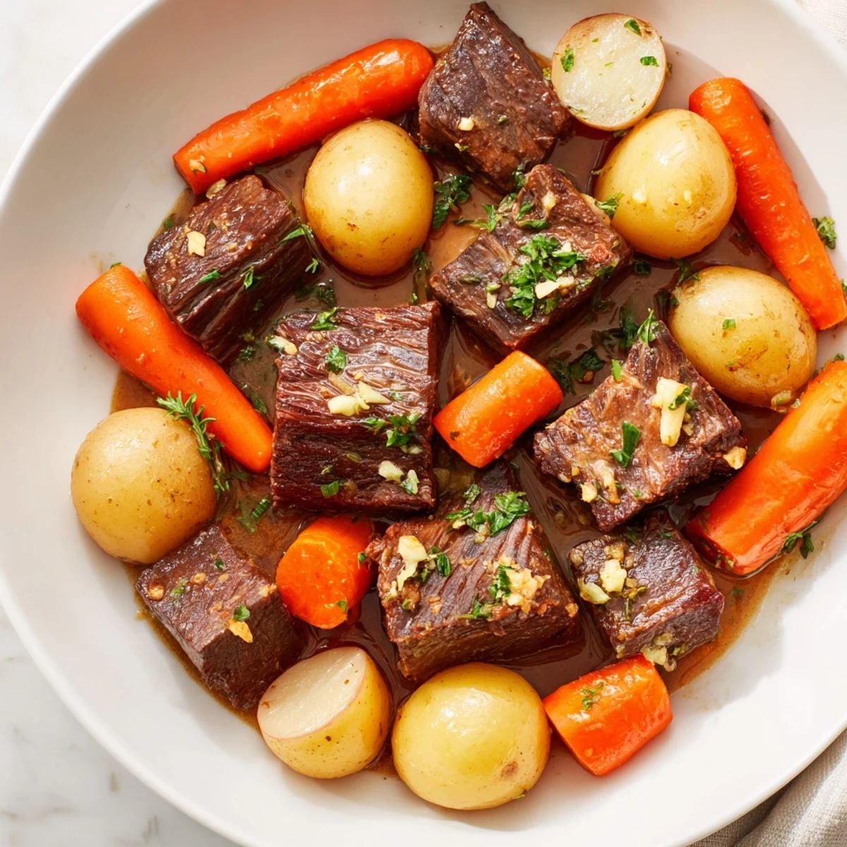 Serving suggestion for Slow Cooker Garlic Butter Beef with Potatoes includes crusty bread to mop up garlic butter sauce.