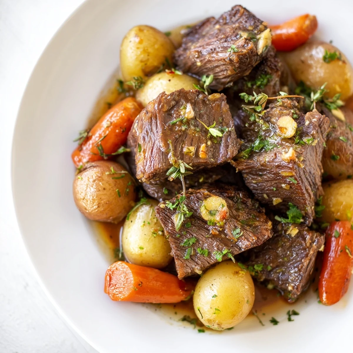 A close-up shows golden potatoes and beef cubes for Slow Cooker Garlic Butter Beef with Potatoes, garnished with parsley.
