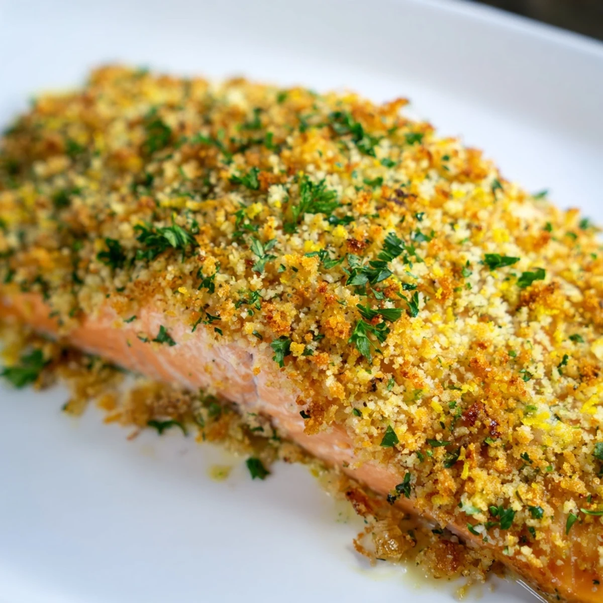 Golden baked Crispy Parmesan Salmon with a crunchy cheese crust and fresh lemon zest.