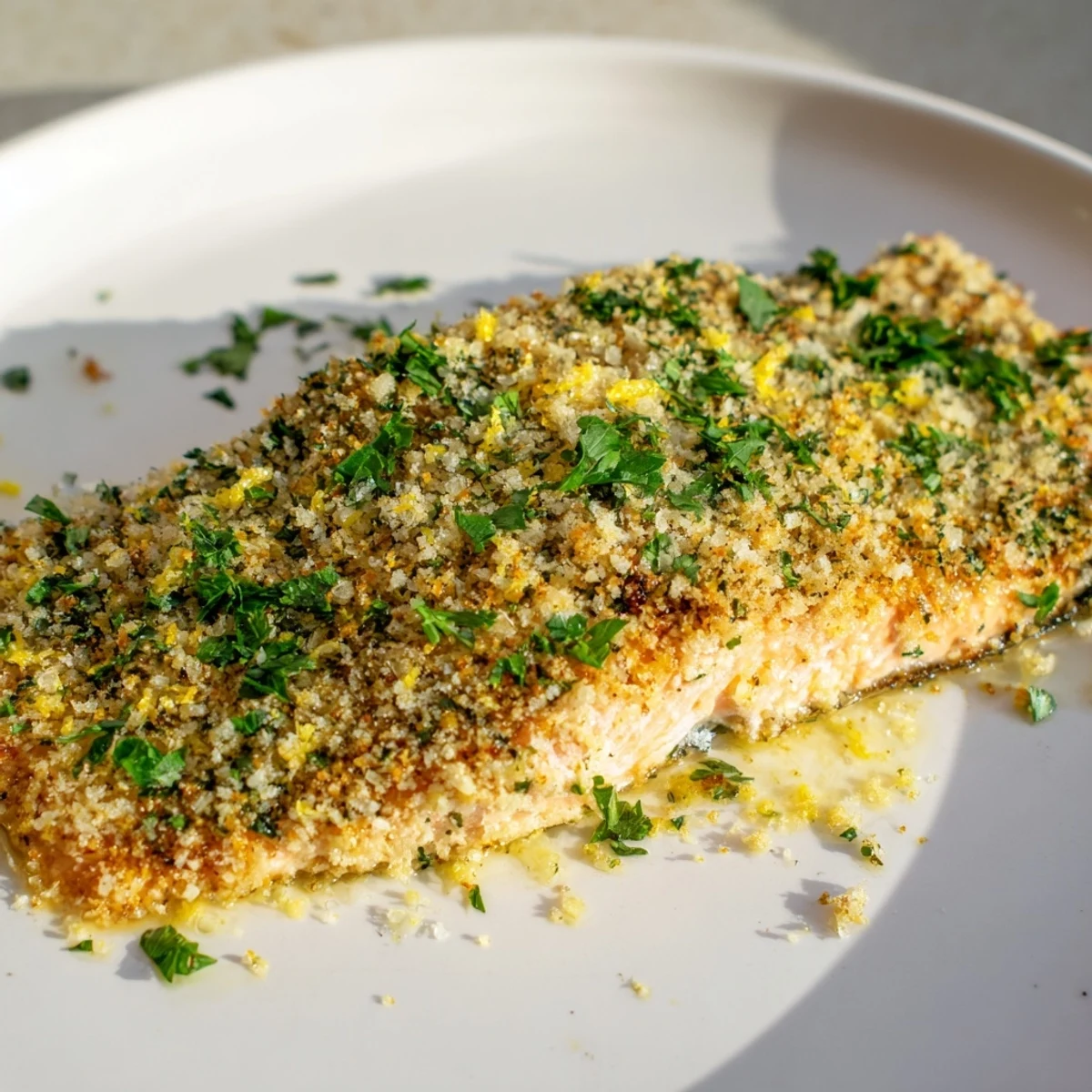 Baked Crispy Parmesan Salmon fillets with a bubbly golden crust and parsley garnish.