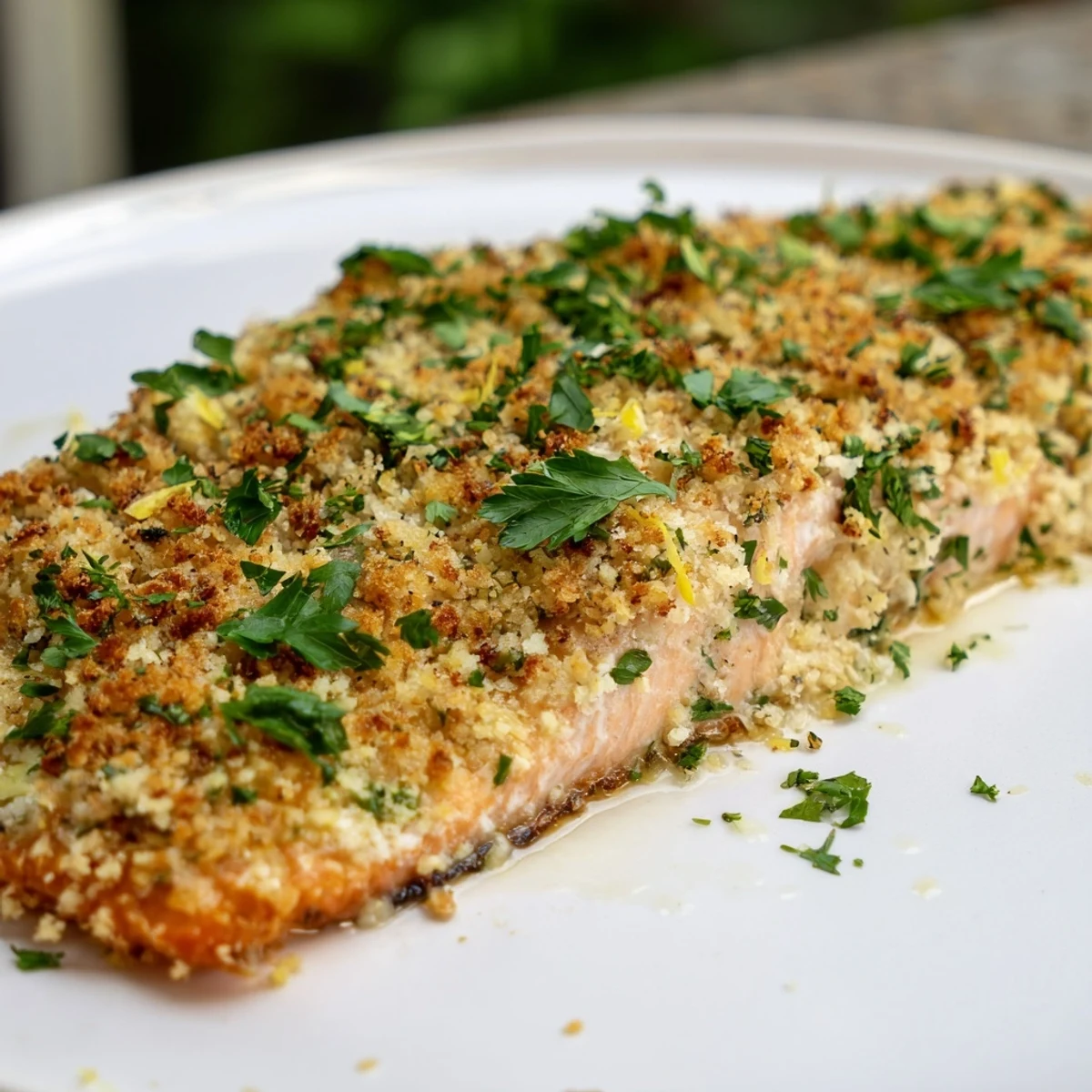Flaky salmon fillets topped with golden Parmesan crumb, served with lemon wedges.