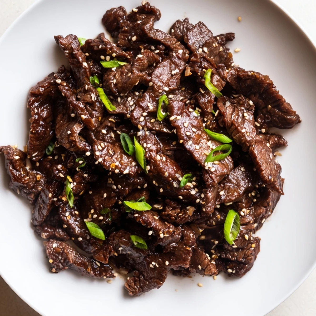 Ultimate Slow Cooker Mongolian Beef served bubbling from the slow cooker with scallions and sesame seeds.