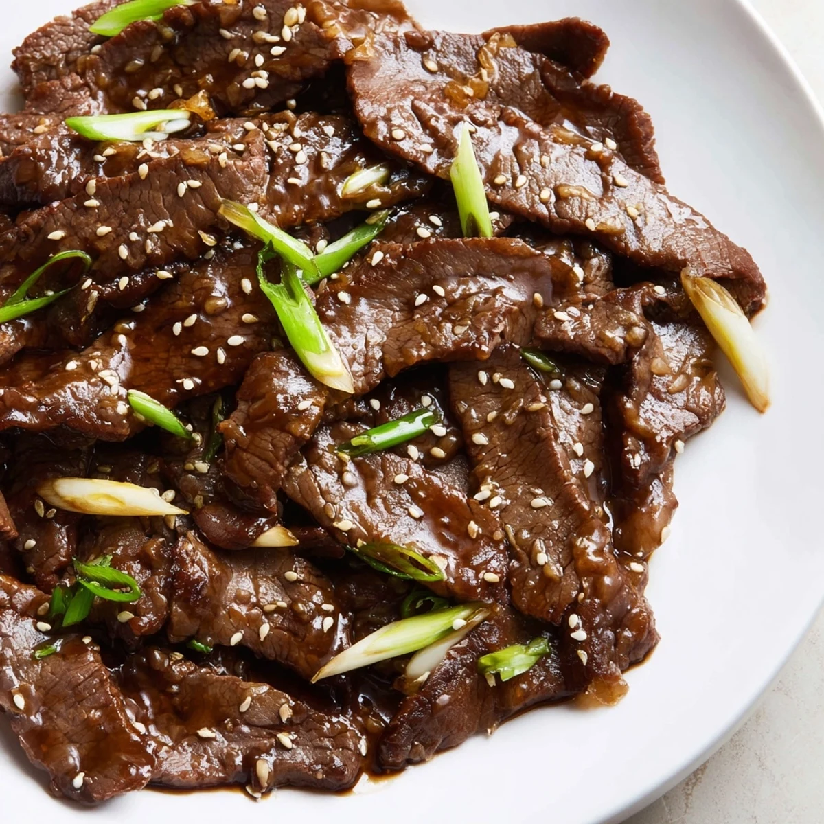 A close-up of Ultimate Slow Cooker Mongolian Beef glistening with garlic ginger soy sauce beside rice.