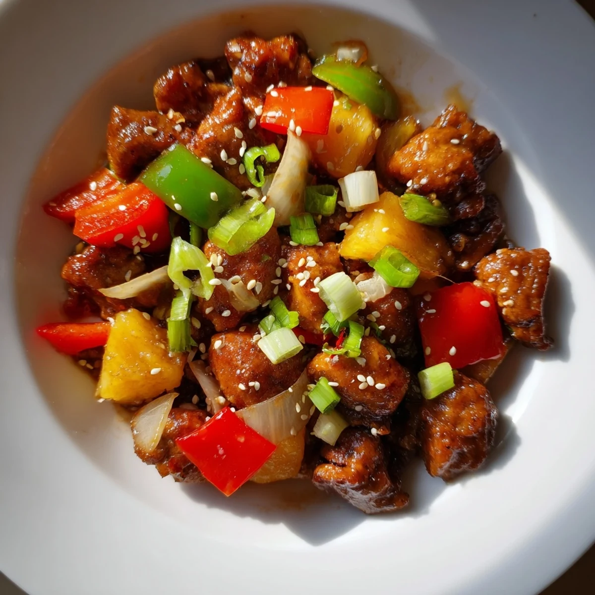 Fork-tender Sweet Hawaiian Crockpot Chicken slow-cooked in a tangy-sweet pineapple soy glaze, garnished with green onions and sesame seeds.
