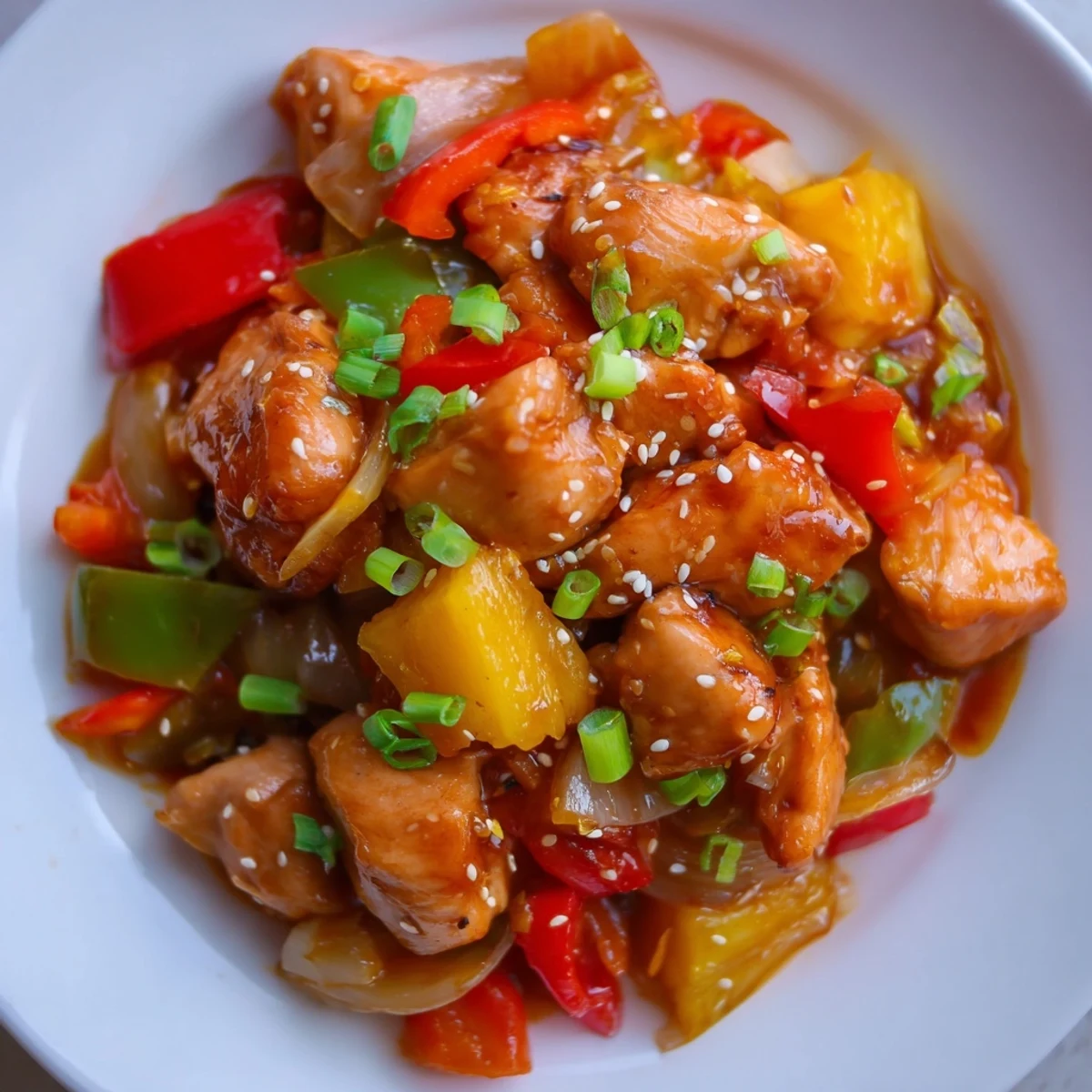 Warm platter of Sweet Hawaiian Crockpot Chicken paired with fluffy white rice, bell peppers, and pineapple, perfect for family dinner.