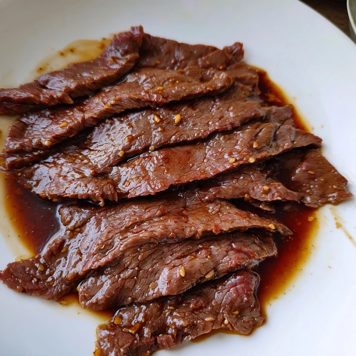 A close-up of Ultimate Slow Cooker Mongolian Beef coated in glossy sauce, served over fluffy jasmine rice and topped with green onions.