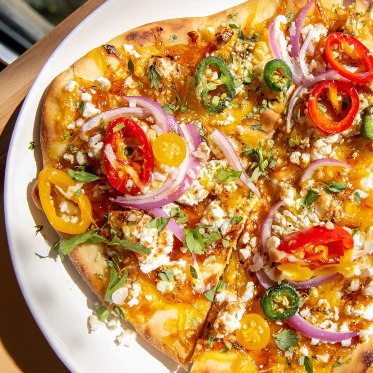 Melting mozzarella and spicy jalapeños on a golden Sweet Heat Honey Garlic Flatbread Pizza with red onion.