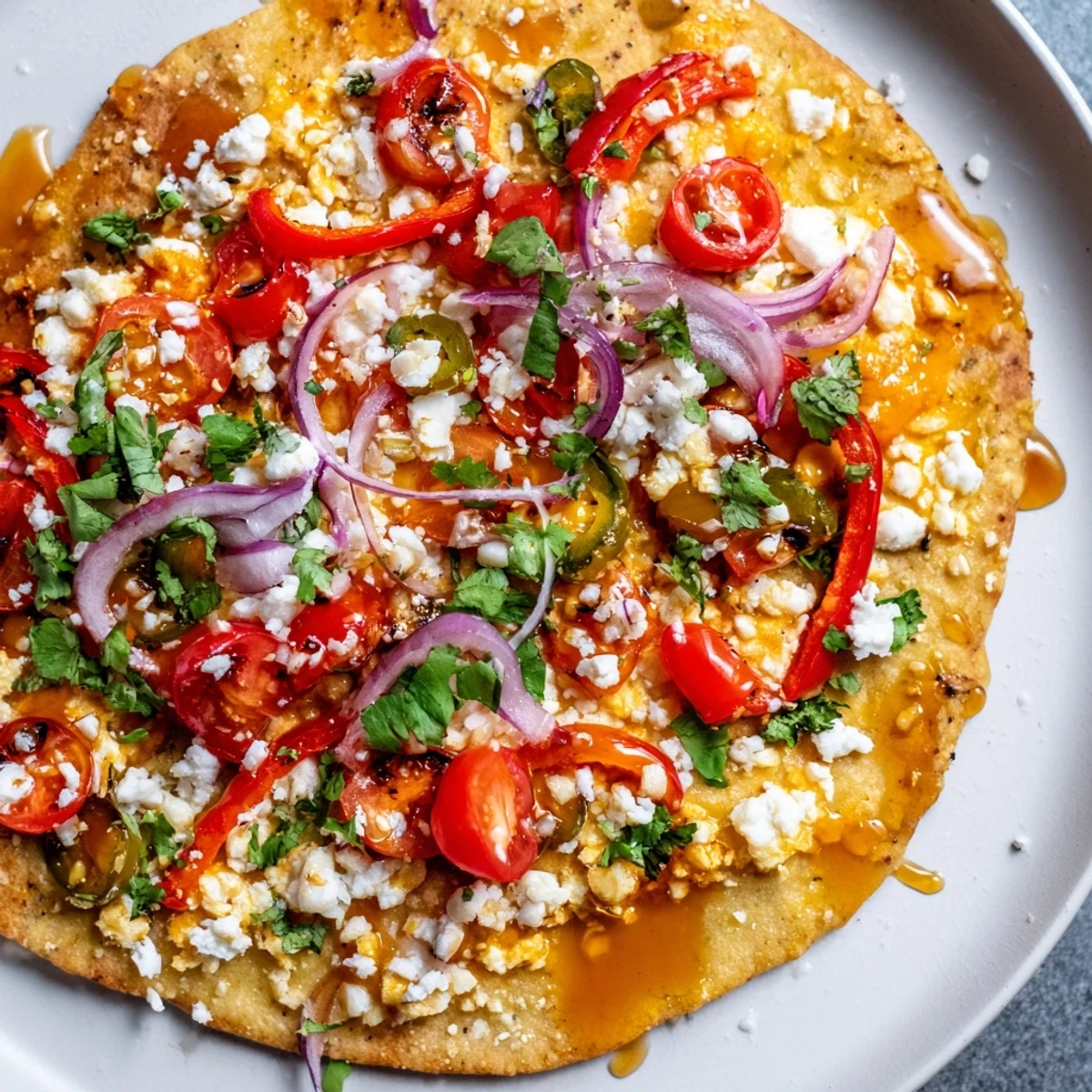 Sizzling Sweet Heat Honey Garlic Flatbread Pizza fresh from the oven with honey drizzle and feta.