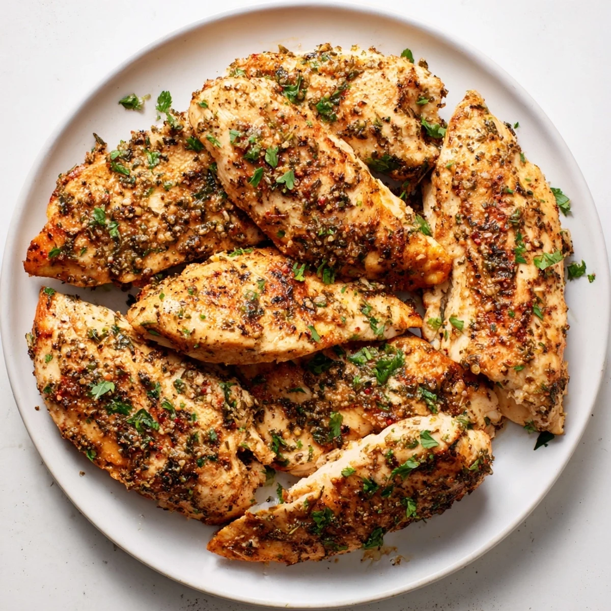 Tender, golden Oven Baked Chicken Breasts rest on a plate, garnished with fresh parsley and bright lemon wedges.