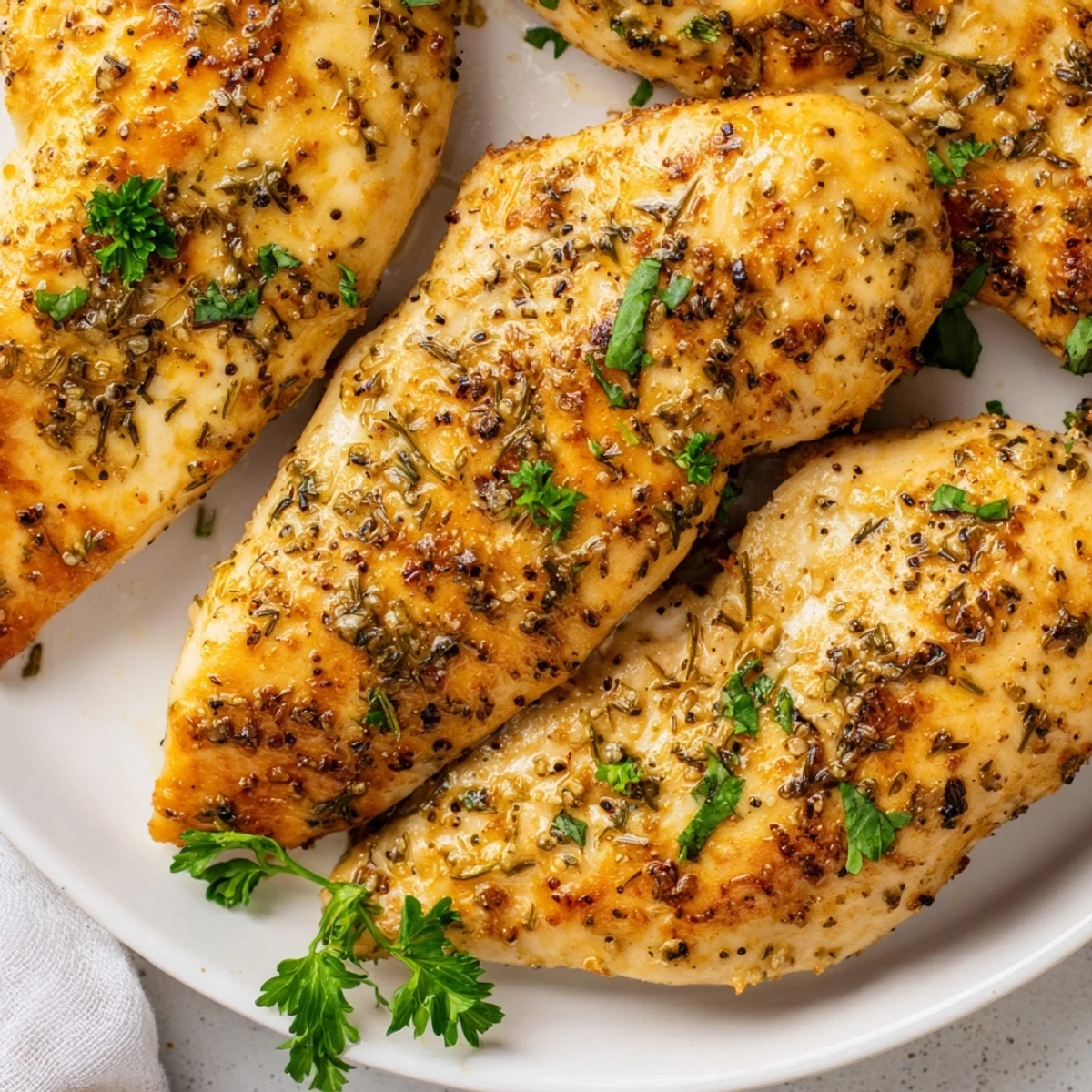 A close-up of Oven Baked Chicken Breasts with a paprika-seasoned crust, served alongside a simple green salad.