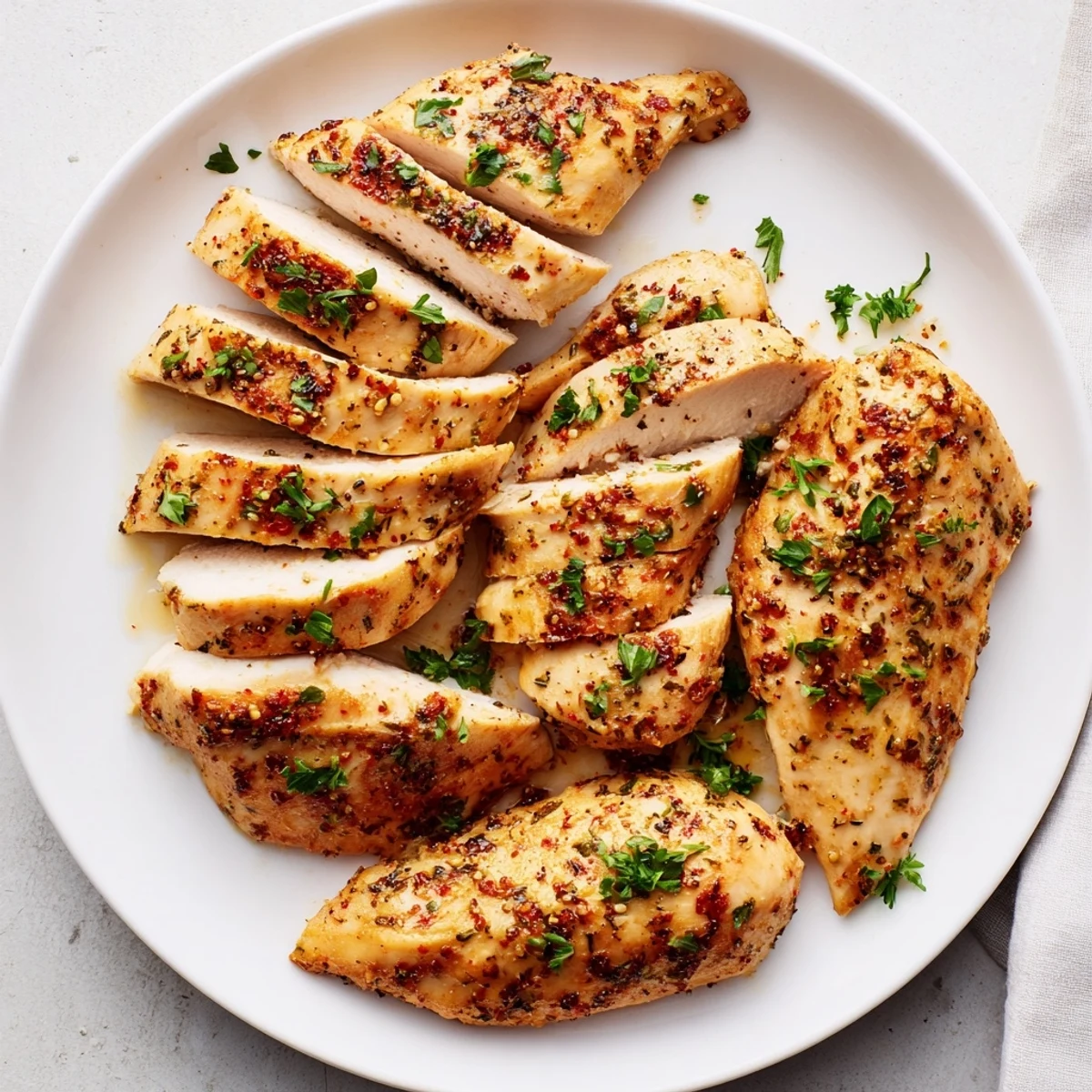Freshly baked Oven Baked Chicken Breasts glisten with olive oil and herbs, ready for a family dinner.