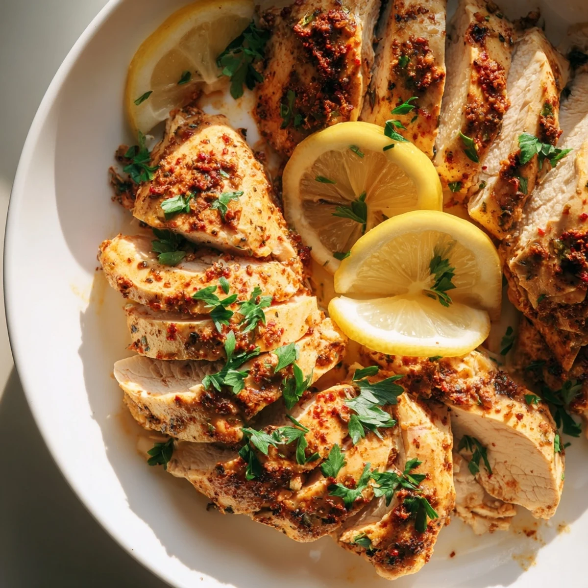Golden-brown Oven Baked Chicken Breasts rest on a baking sheet, garnished with fresh parsley and lemon wedges.