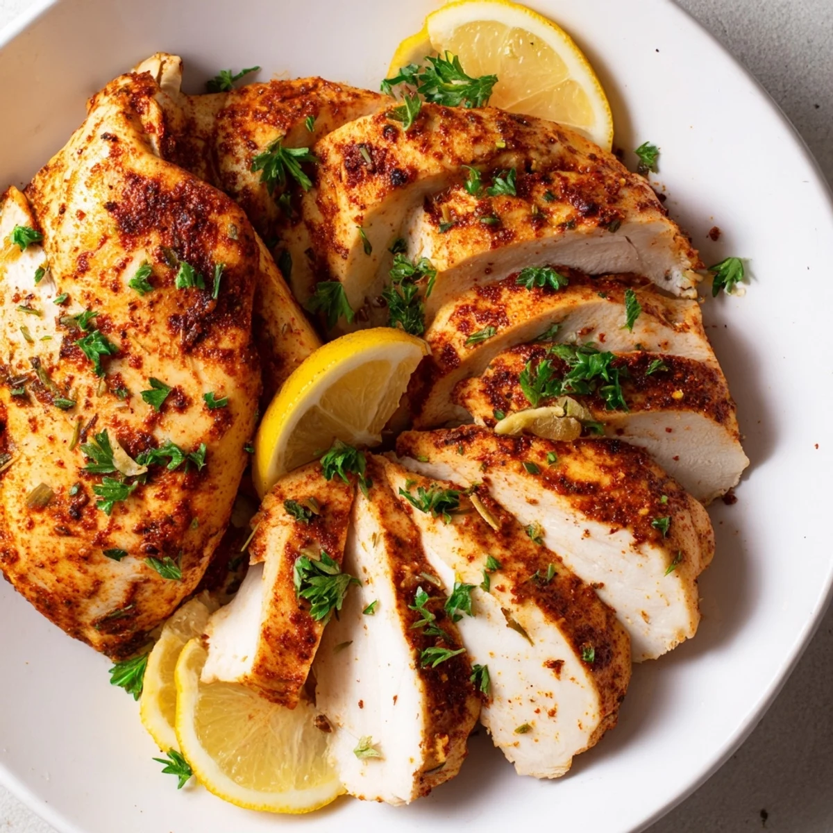 Perfectly seasoned Oven Baked Chicken Breasts on a platter, ready to be enjoyed with a fresh green salad.