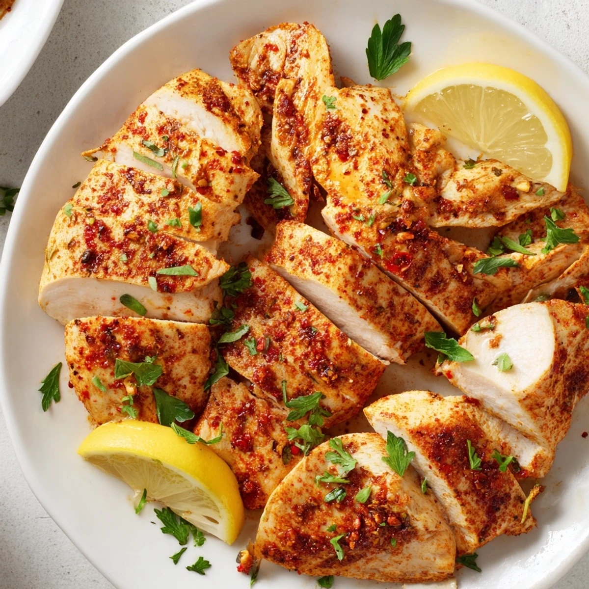 Juicy Oven Baked Chicken Breasts with smoky paprika seasoning, sliced and served beside colorful roasted vegetables.