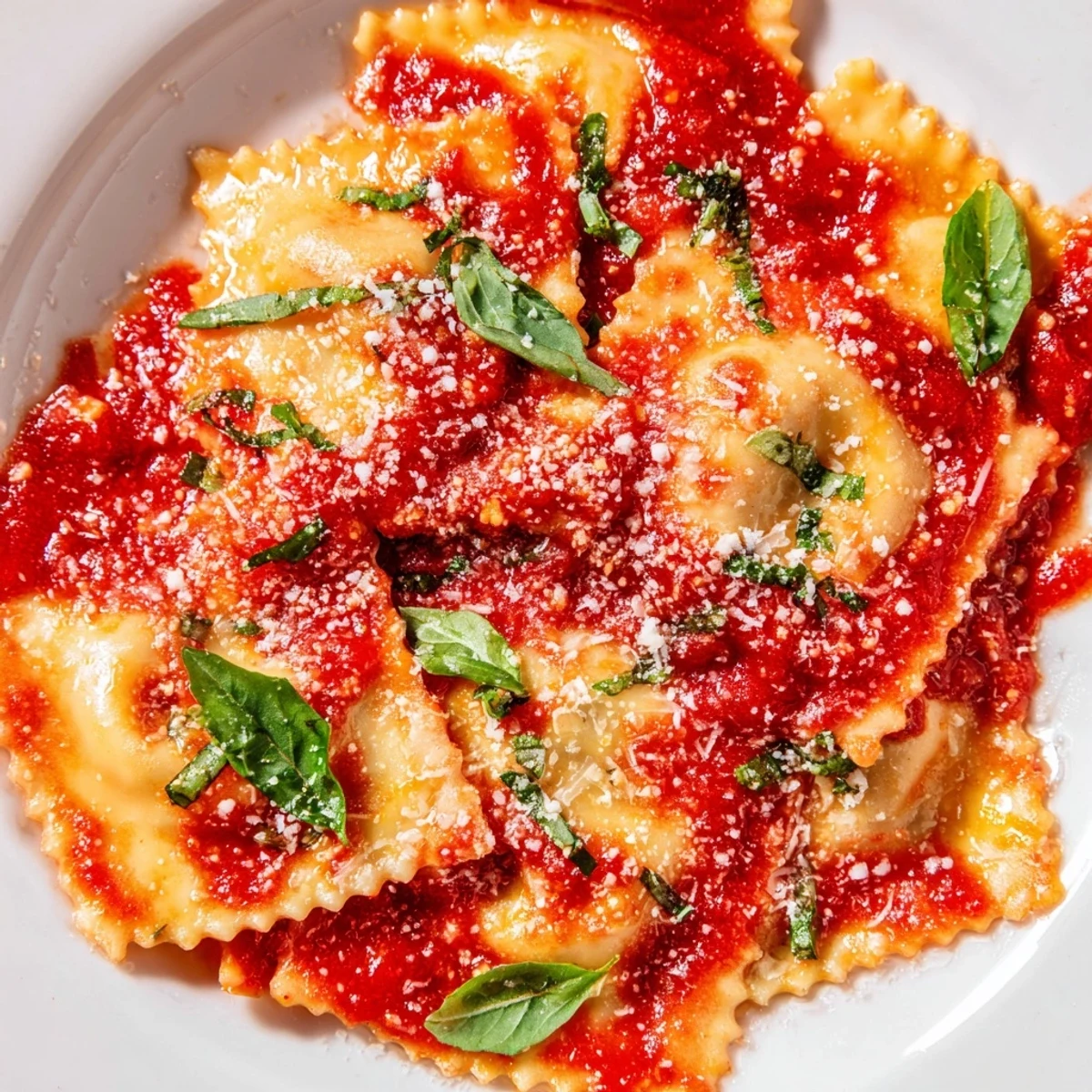 Steaming 20-Minute Ravioli with Simple Sauce nestled in a vibrant red tomato-basil sauce.