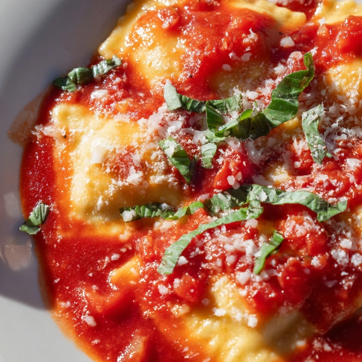 Tender cheese ravioli coated in 20-Minute Ravioli with Simple Sauce, topped with grated Parmesan.