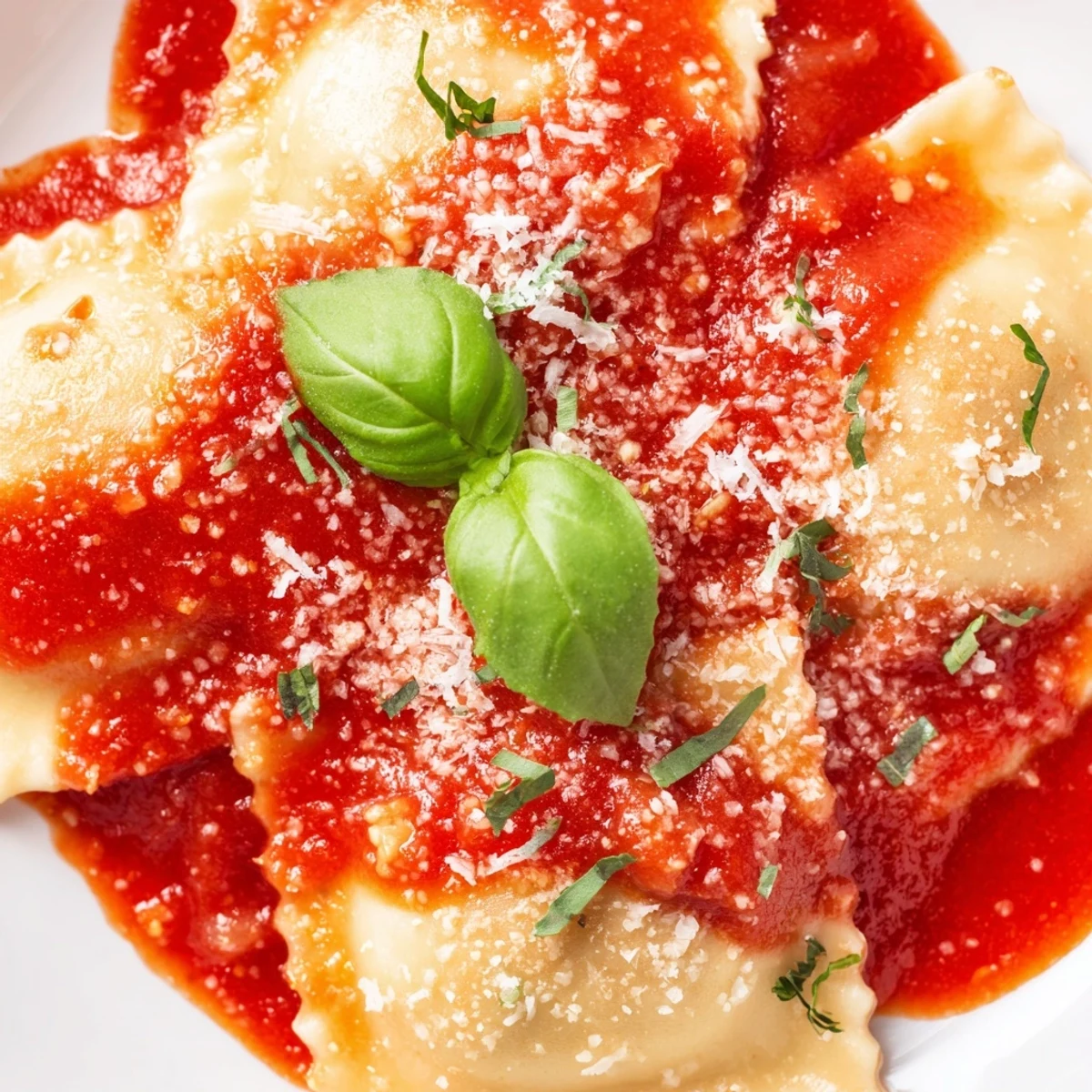 Serving suggestion for 20-Minute Ravioli with Simple Sauce in a warm skillet with basil.