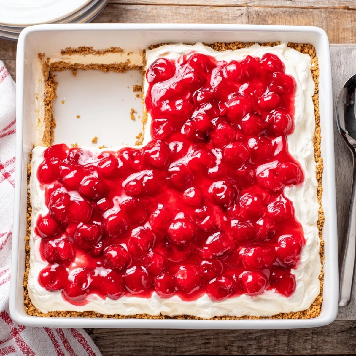 A slice of Classic Cherry Delight with creamy layers and graham cracker crust on a white plate.