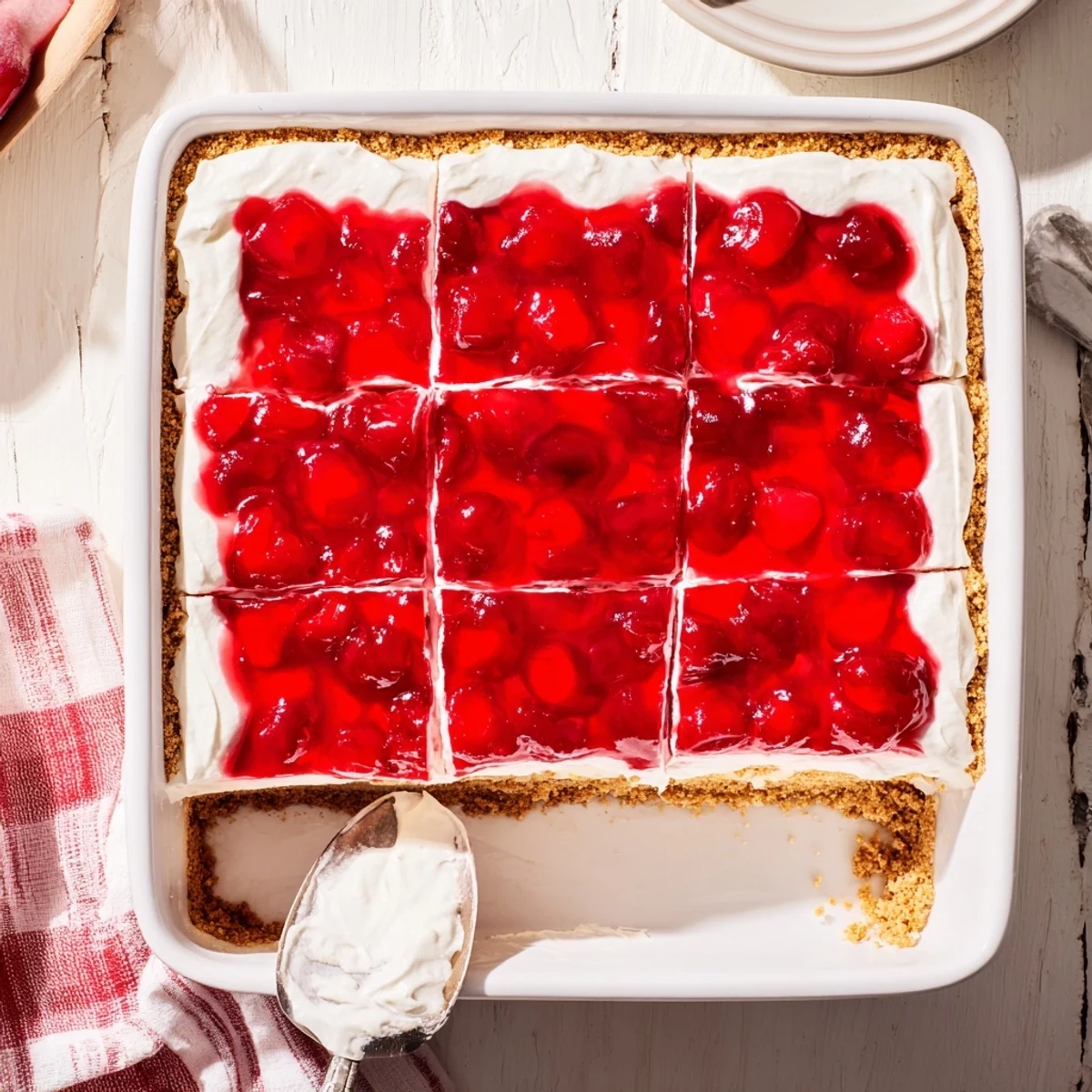 Homemade Classic Cherry Delight with smooth cream cheese filling and glossy red cherry topping, ready to eat.