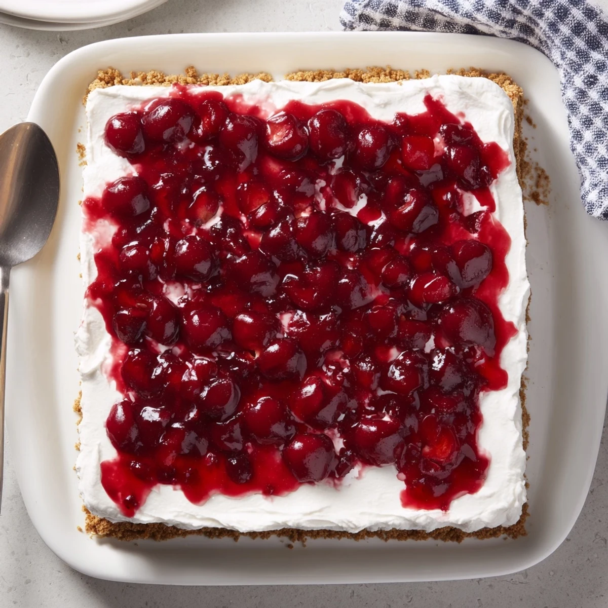 A chilled Classic Cherry Delight served from a glass dish with a wooden server and fresh cherries nearby.