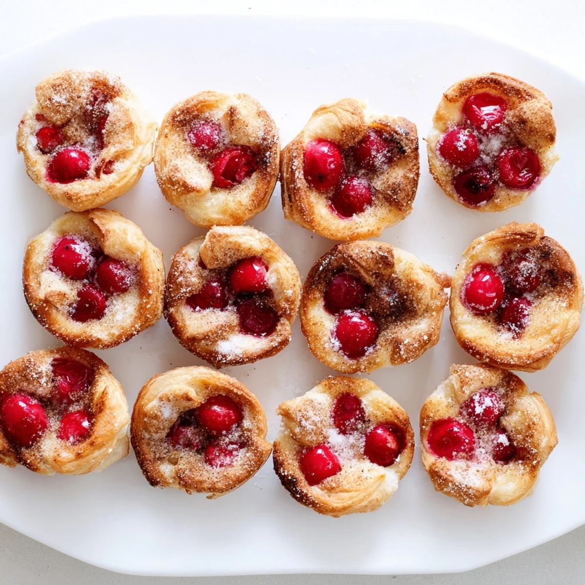 Easy Quick Cherry Pie Bites in mini muffin tins with cinnamon-sugar sprinkled pastry cups.