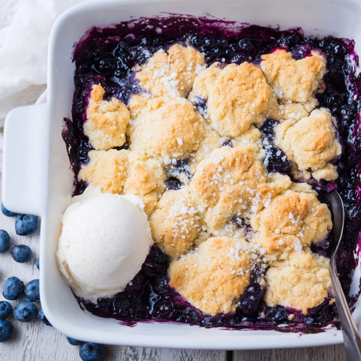 A close-up of Moist Blueberry Cobbler With Frozen Berries bubbling in a ceramic dish, golden biscuit topping glistening.  