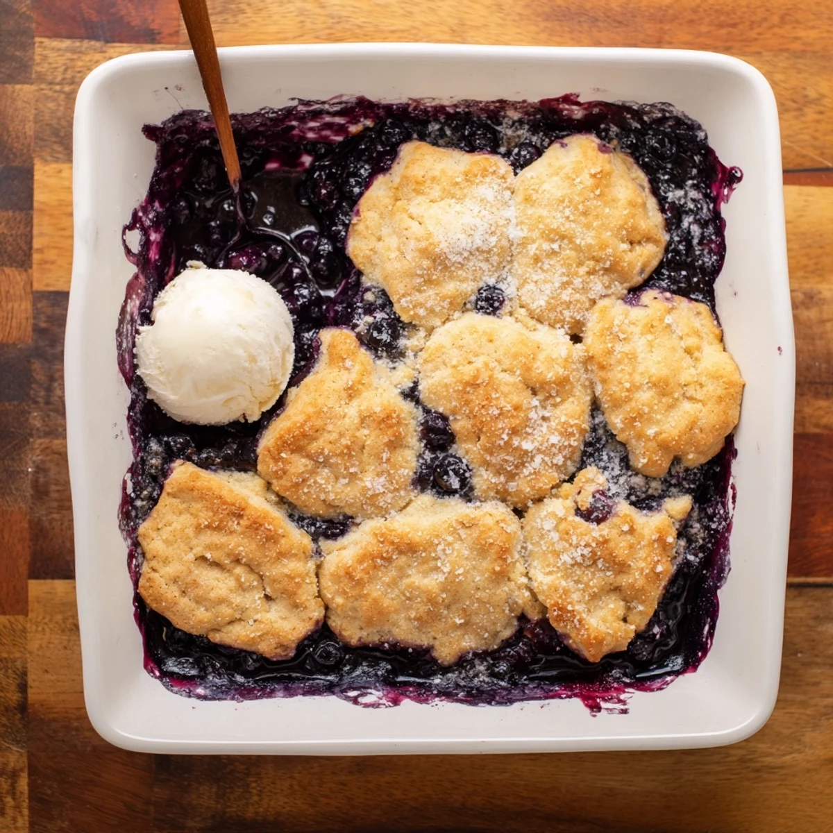 Serving of Moist Blueberry Cobbler With Frozen Berries topped with melting vanilla ice cream on a rustic wooden table.  
