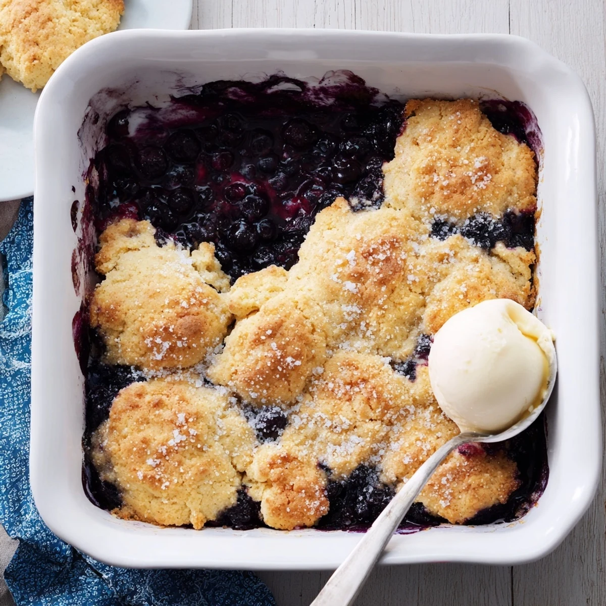 Homemade Moist Blueberry Cobbler With Frozen Berries cooling on a wire rack, purple berries peeking through tender crust.