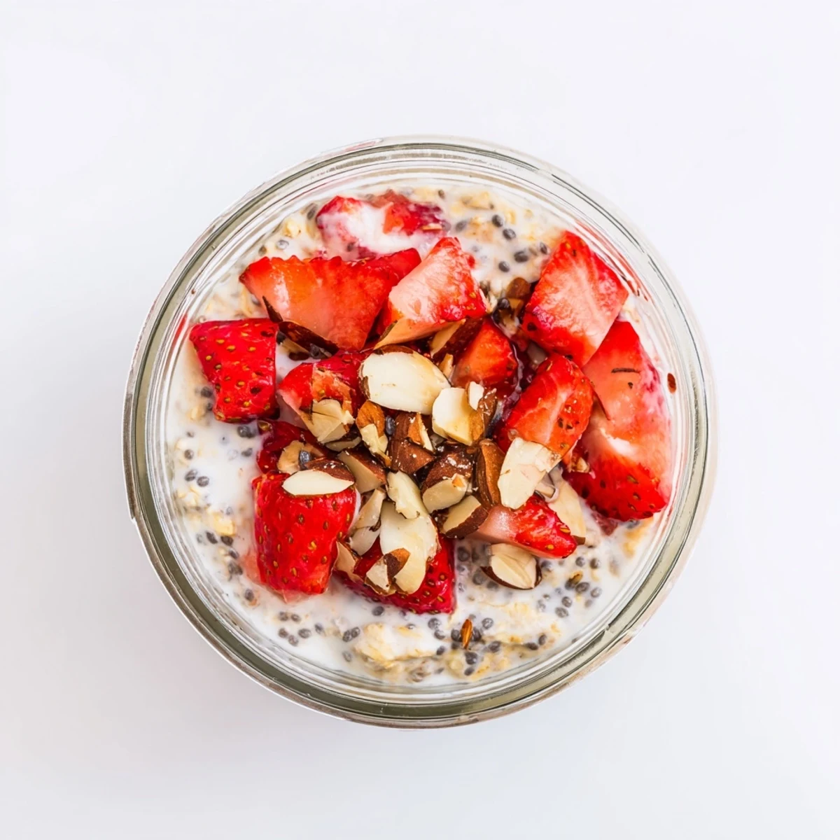 Creamy Strawberry Overnight Oats in a jar topped with sliced fresh strawberries and a drizzle of honey.