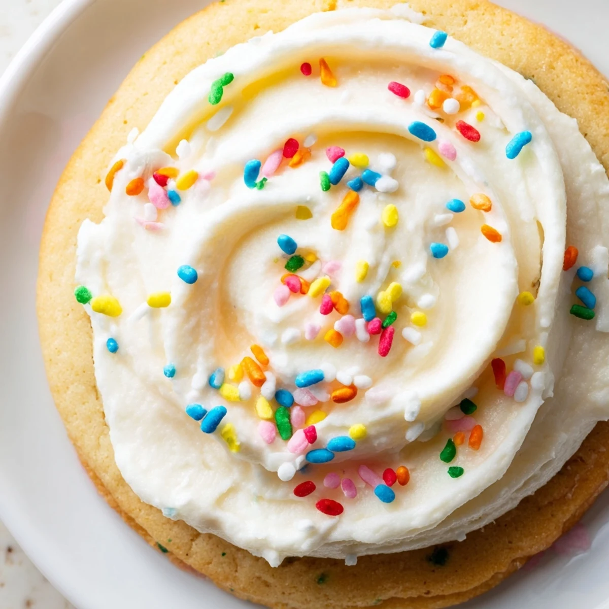 Soft Sour Cream Sugar Cookies With Cream Cheese Frosting displayed on a white plate with colorful sprinkles.