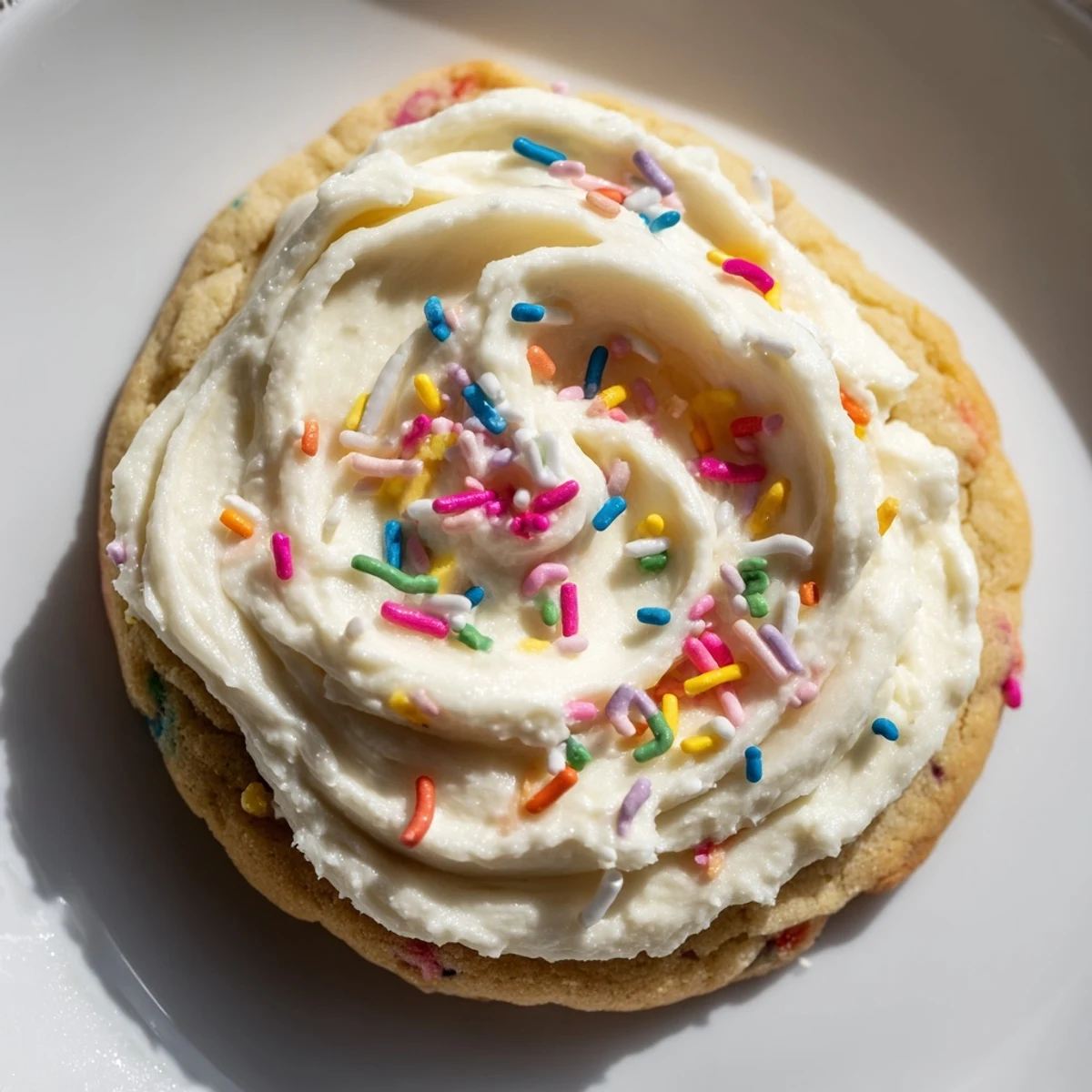 A close-up of Soft Sour Cream Sugar Cookies With Cream Cheese Frosting, showing the luscious creamy topping.