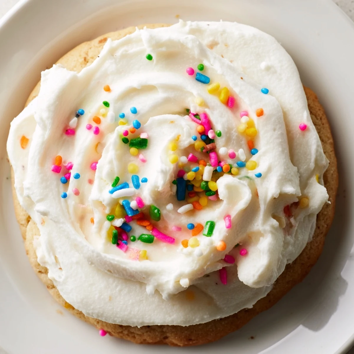Freshly baked Soft Sour Cream Sugar Cookies With Cream Cheese Frosting arranged on a rustic wooden board.