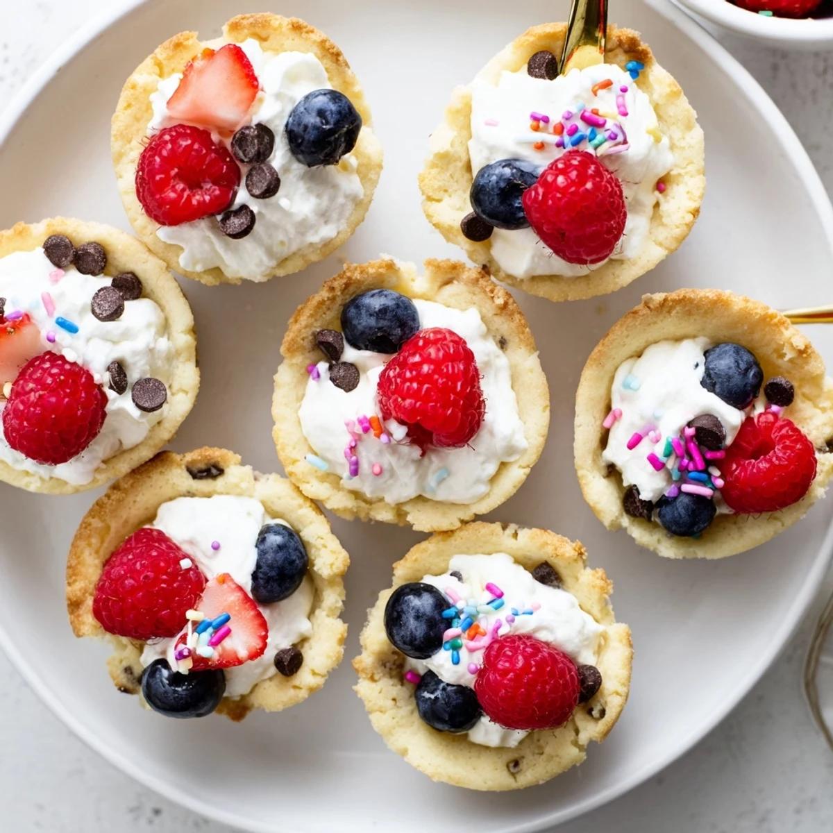 A platter of colorful Sugar Cookie Cups filled with vanilla cream and decorated with sprinkles and blueberries, ready to serve.
