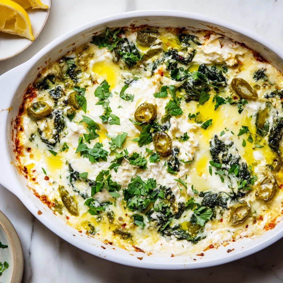 Golden-brown, bubbling Spinach and Pepperoncini Baked Feta Dip fresh from the oven, garnished with fresh dill and lemon wedges.  