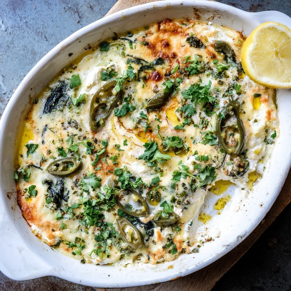 A close-up of creamy Spinach and Pepperoncini Baked Feta Dip with wilted greens and tangy feta, served with warm pita.  