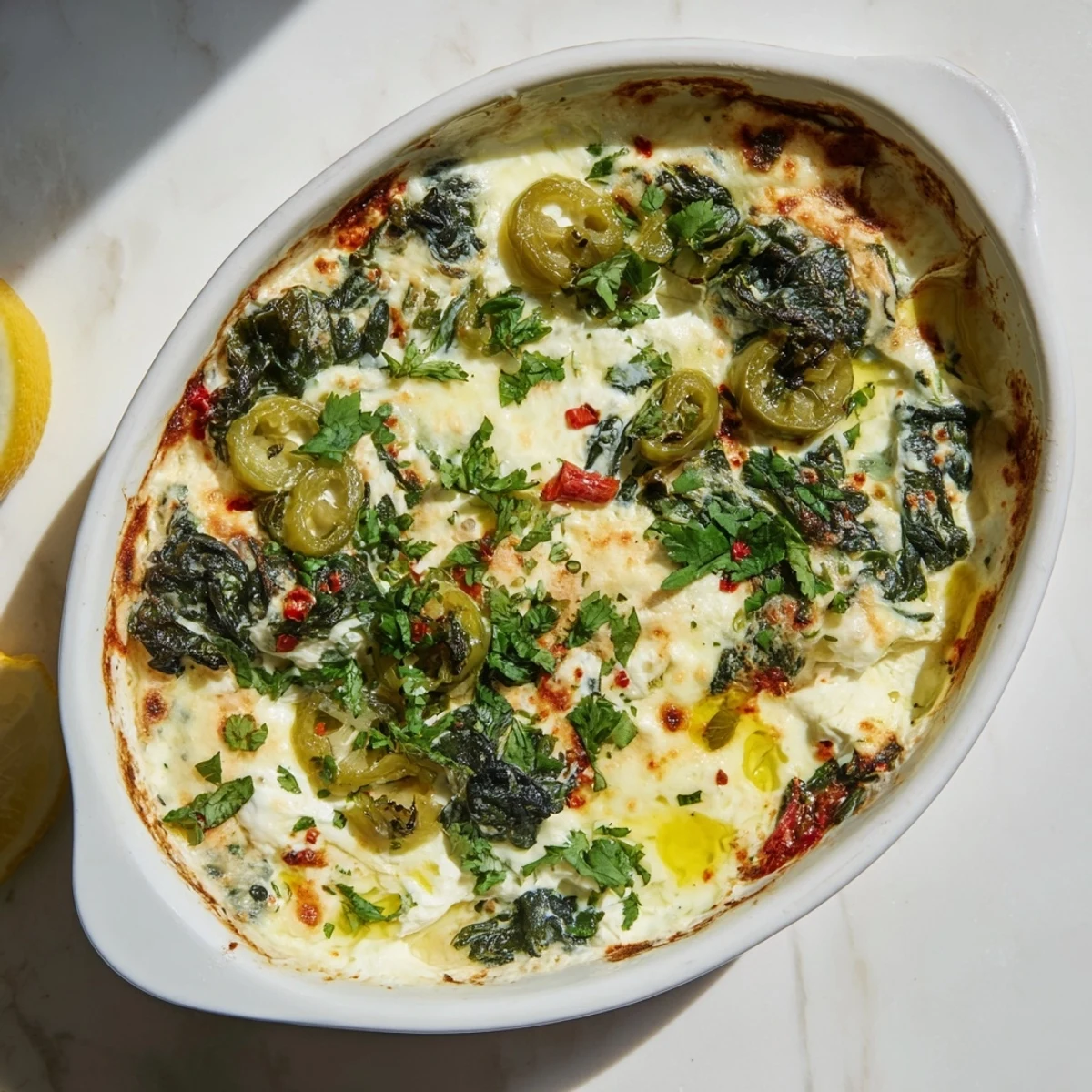 Spinach and Pepperoncini Baked Feta Dip in a baking dish, topped with melted mozzarella and a drizzle of olive oil.