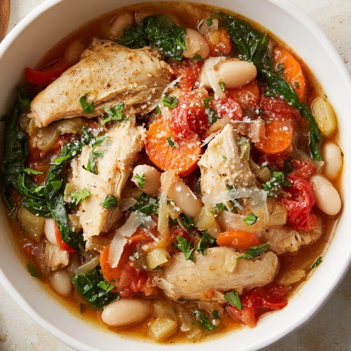 Tender chicken and creamy cannellini beans simmer in a rich tomato herb broth for the Tuscan Slow Cooker Chicken Stew.