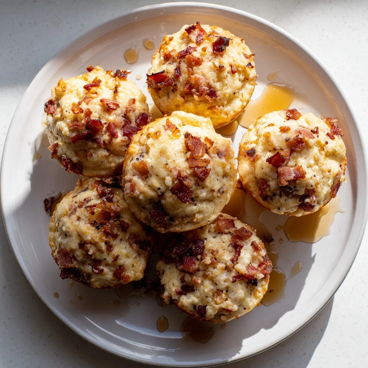 Golden-brown Maple Bacon Pancake Muffins studded with crispy bacon pieces and drizzled with sweet maple syrup on a rustic wooden board.