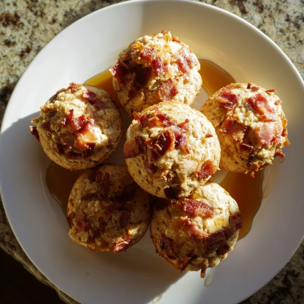 Freshly baked Maple Bacon Pancake Muffins in a muffin tin, featuring fluffy interiors and savory bacon bits perfect for a hearty American breakfast.