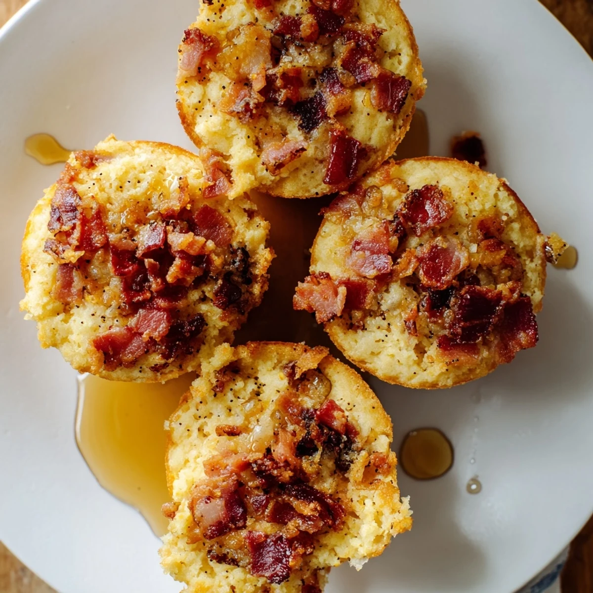 Warm Maple Bacon Pancake Muffins served on a white plate with a pitcher of maple syrup, ideal for a delicious brunch or on-the-go treat.